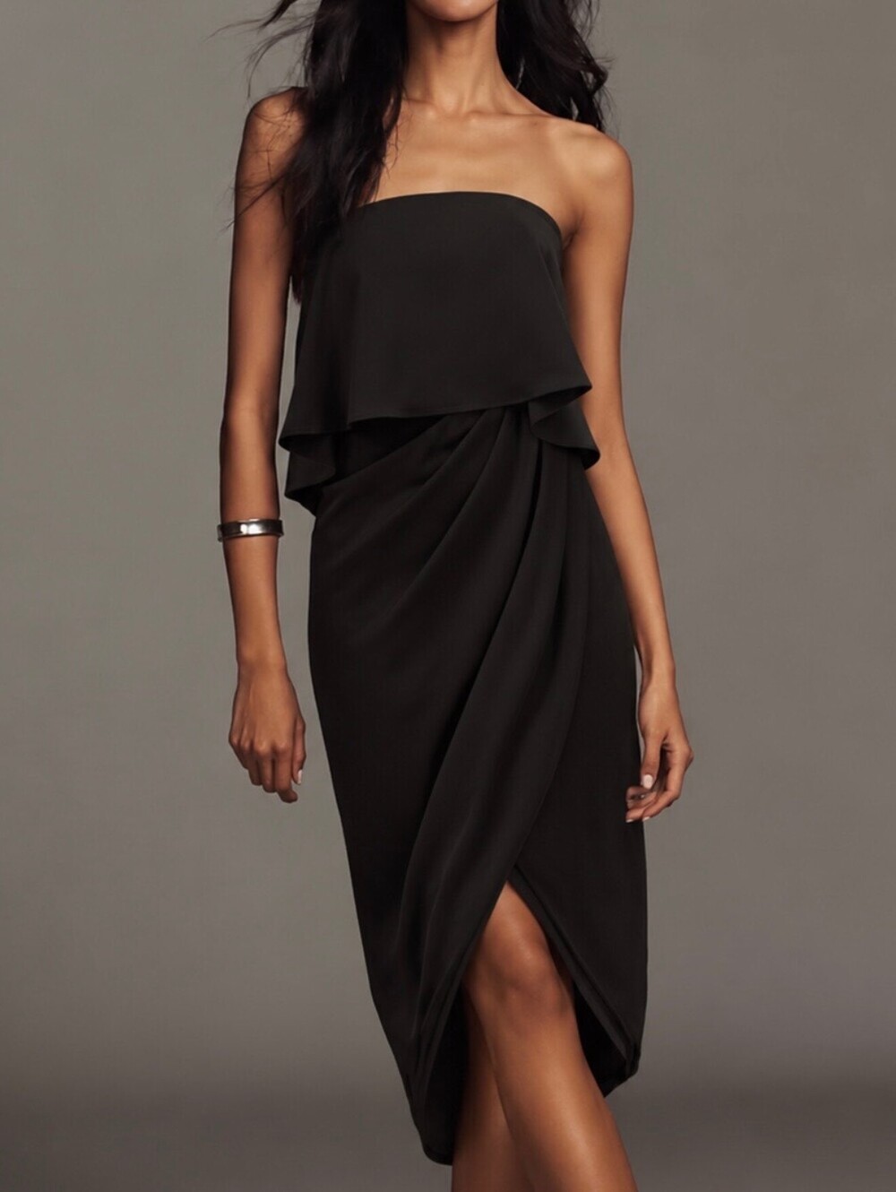 BHLDN Kelli Strapless Draped Tulip-Hem Midi Dress Black